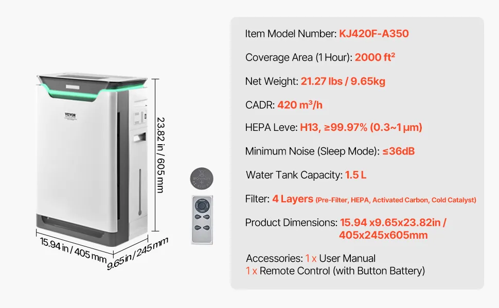 Air Purifier 2000 ft²/h True HEPA 13 Filter Air Cleaner for Home Large Room