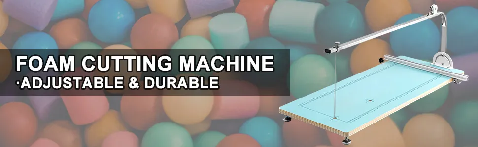 VEVOR foam cutter machine displayed on a background of colorful foam cylinders.