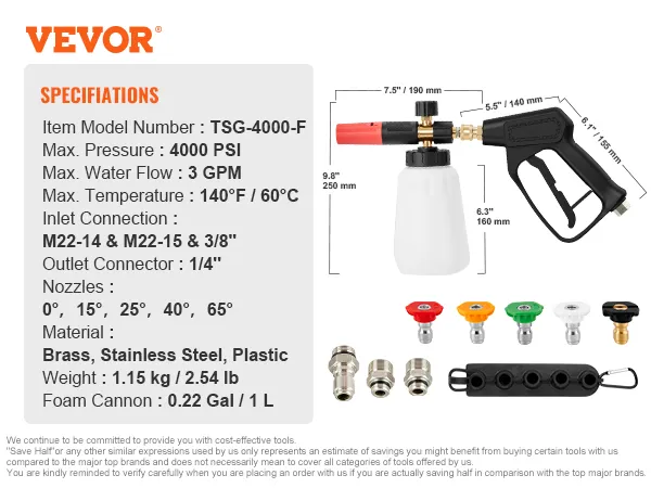 VEVOR pressure washer gun with specifications and various nozzles displayed on a white background.