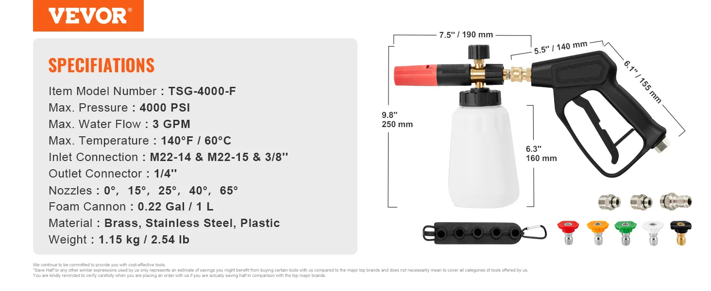 VEVOR pressure washer gun with specifications and various nozzles displayed on a white background.