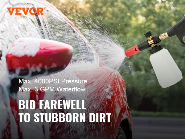 VEVOR pressure washer gun cleaning red car with foam, max 4000psi pressure, max 3 gpm waterflow.