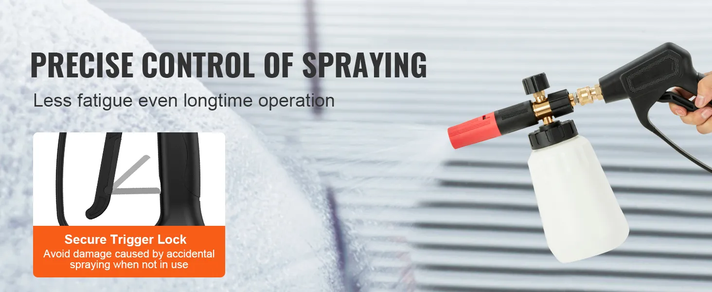 VEVOR pressure washer gun with secure trigger lock for precise spraying and less fatigue.