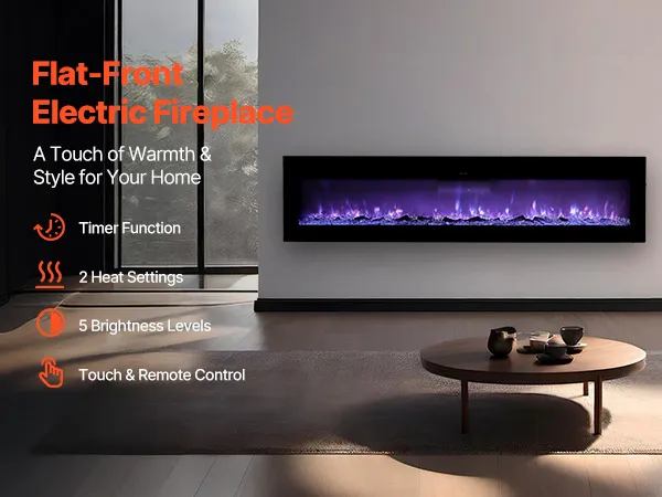 VEVOR 72 inch Electric Fireplace, Wall Mounted Recessed Fire Place with Remote Control, Timer, 1500W, Adjustable Flame Color Brightness, Touch Screen, Overheat Protection, for Living Room,Bedroom