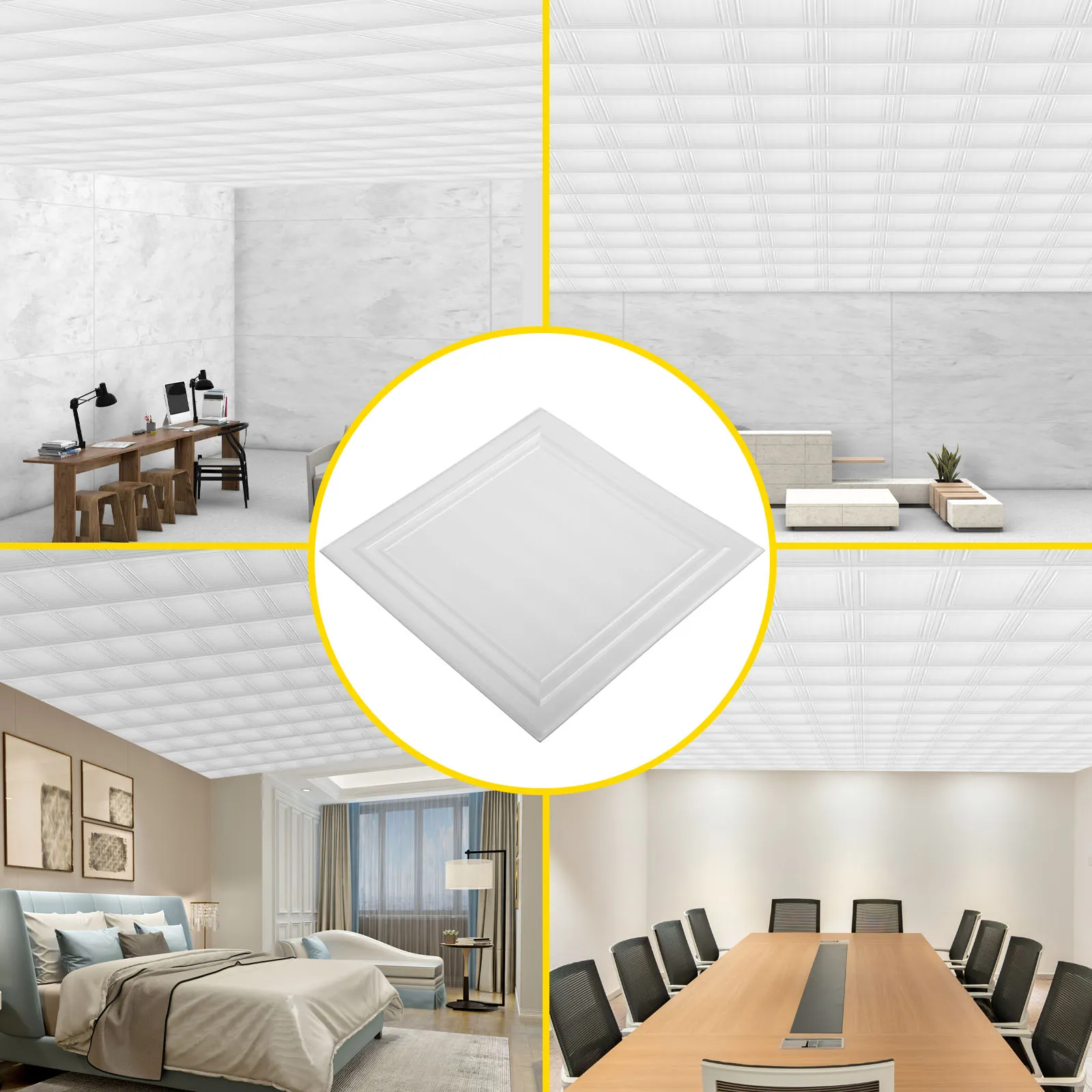 Paneles de techo de espuma VEVOR en una oficina en casa, una sala de estar moderna, un dormitorio y una sala de conferencias.