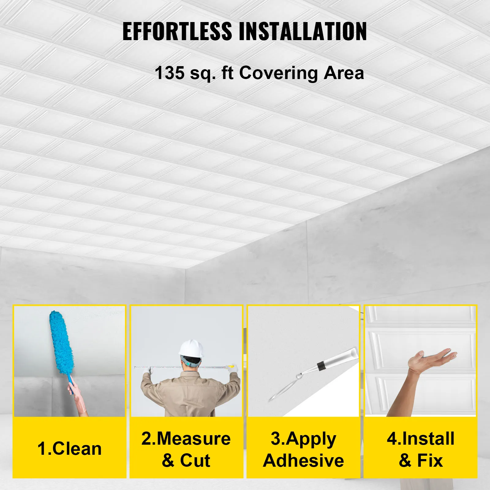 Instalación sin esfuerzo de placas de espuma para techo VEVOR; pasos para limpiar, medir, cortar y aplicar.