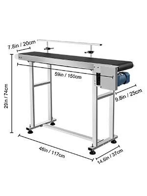 Transportador de banda VEVOR con medidas de altura y longitud ajustables, mostradas en pulgadas y cm.