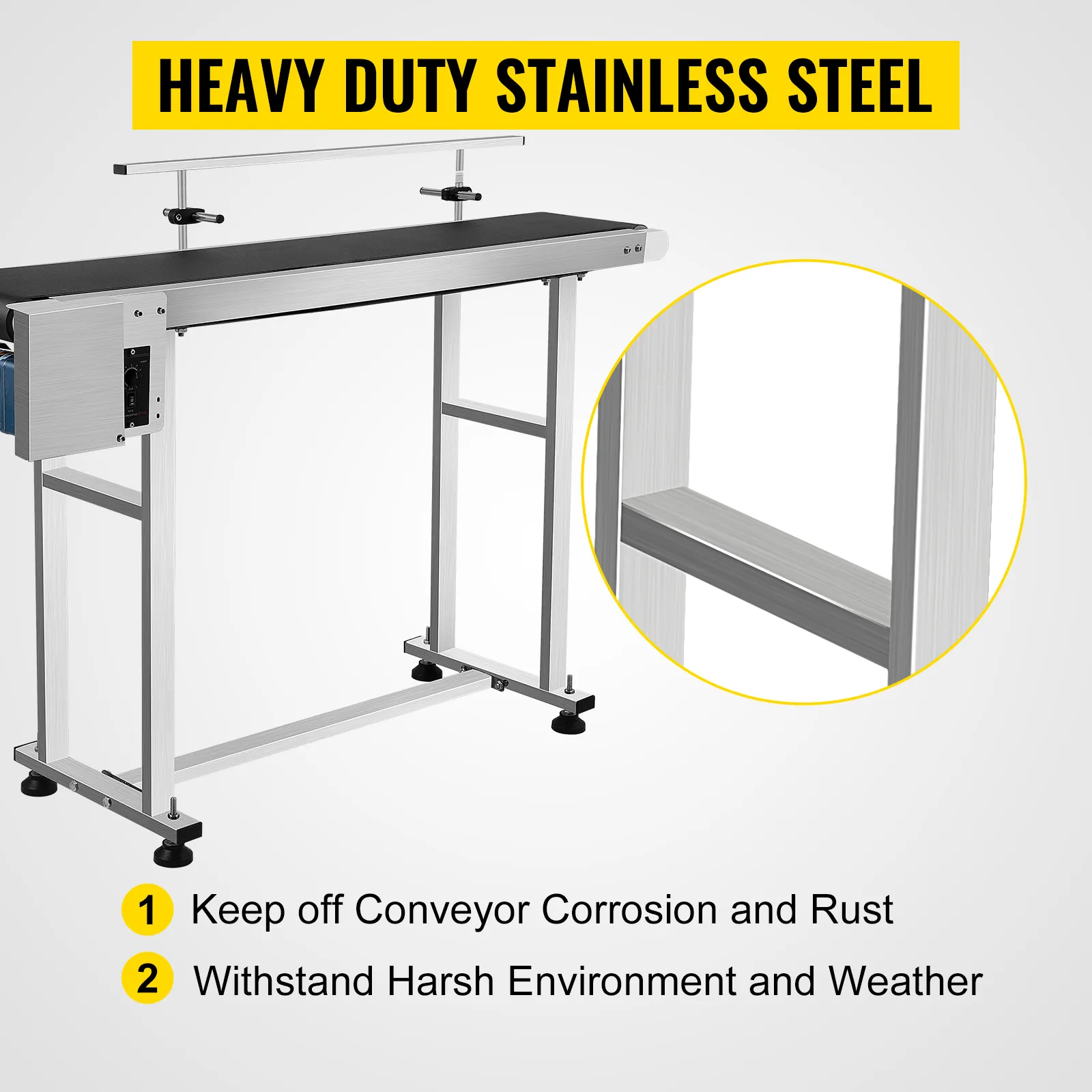 Transportador de banda VEVOR con acero inoxidable de alta resistencia para resistir el óxido y las condiciones adversas.