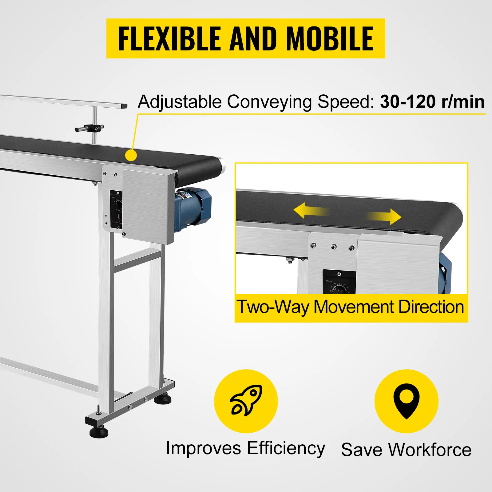 El transportador de banda VEVOR con velocidad ajustable y movimiento bidireccional mejora la eficiencia.