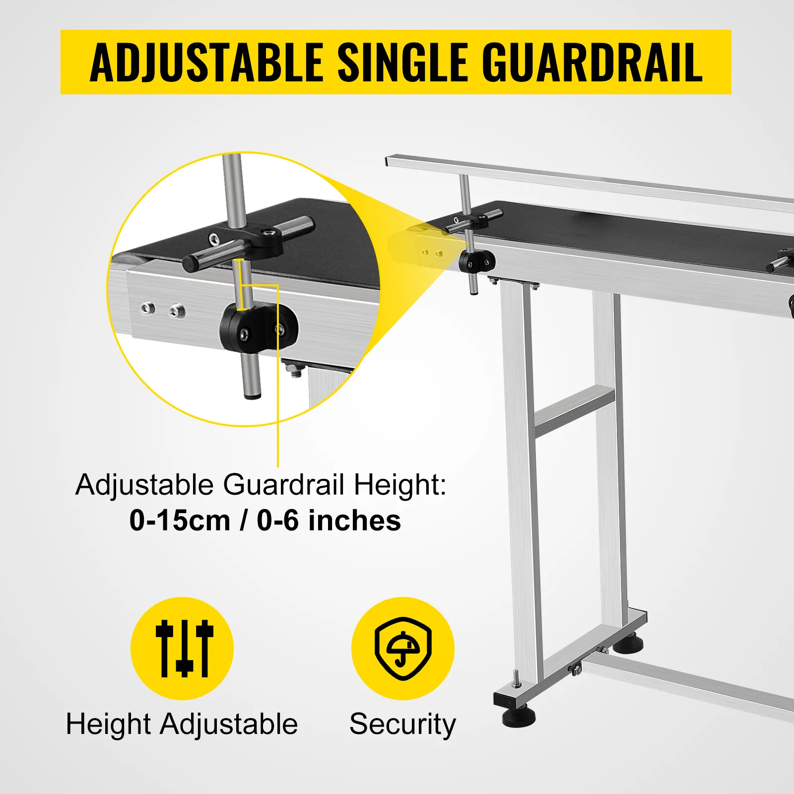 Transportador de banda VEVOR con barandilla simple ajustable y rango de altura de 0 a 15 cm.