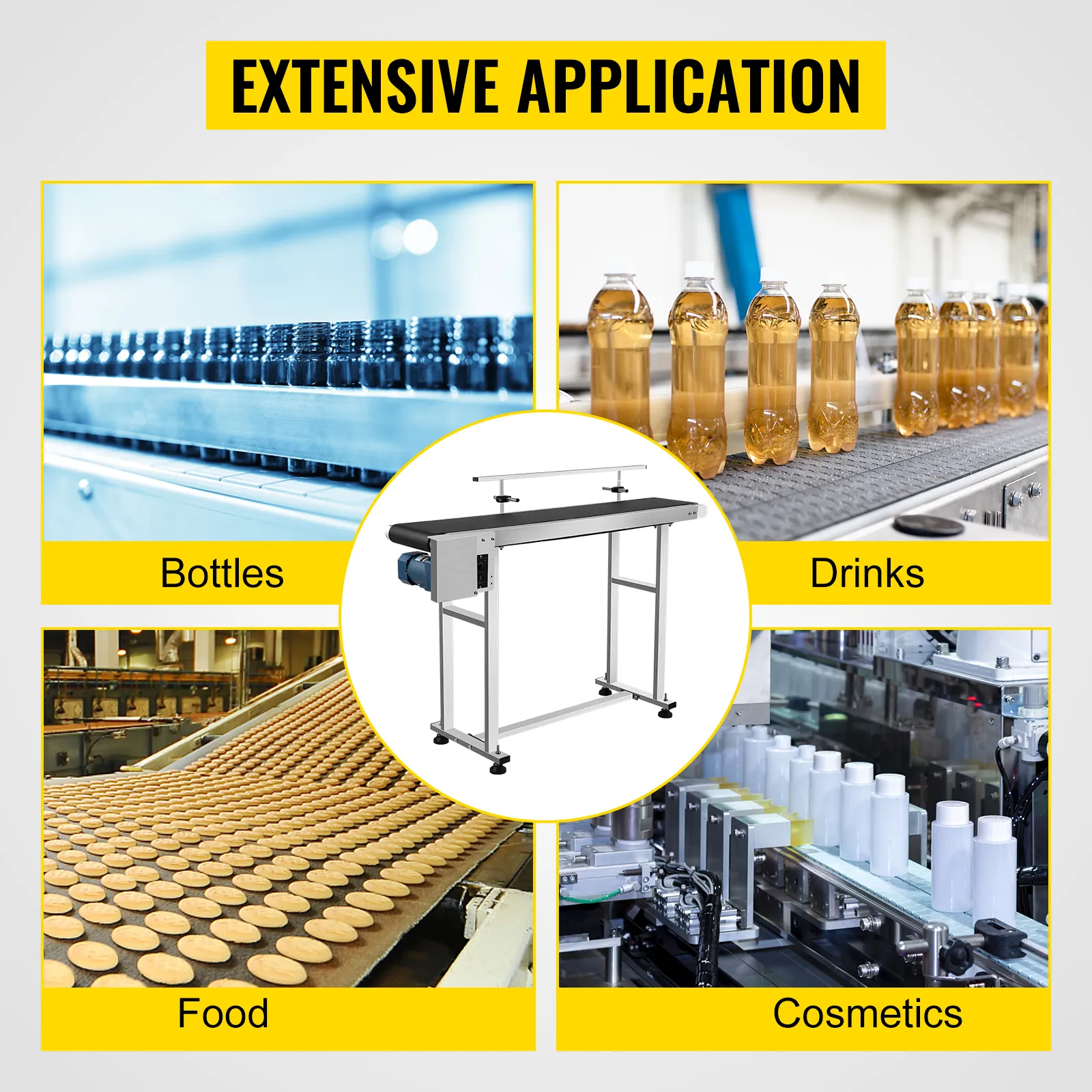 Amplia aplicación de la cinta transportadora VEVOR para botellas, bebidas, alimentos y cosméticos.