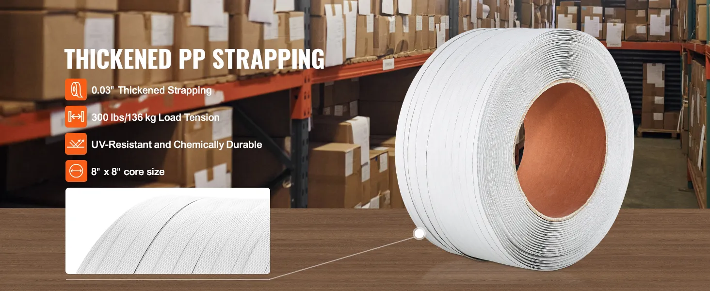 thickened pp strapping roll in a warehouse with boxes, featuring VEVOR banding strapping kit specifications.