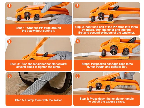 VEVOR banding strapping kit use instructions for tightening and sealing pp straps around a box.