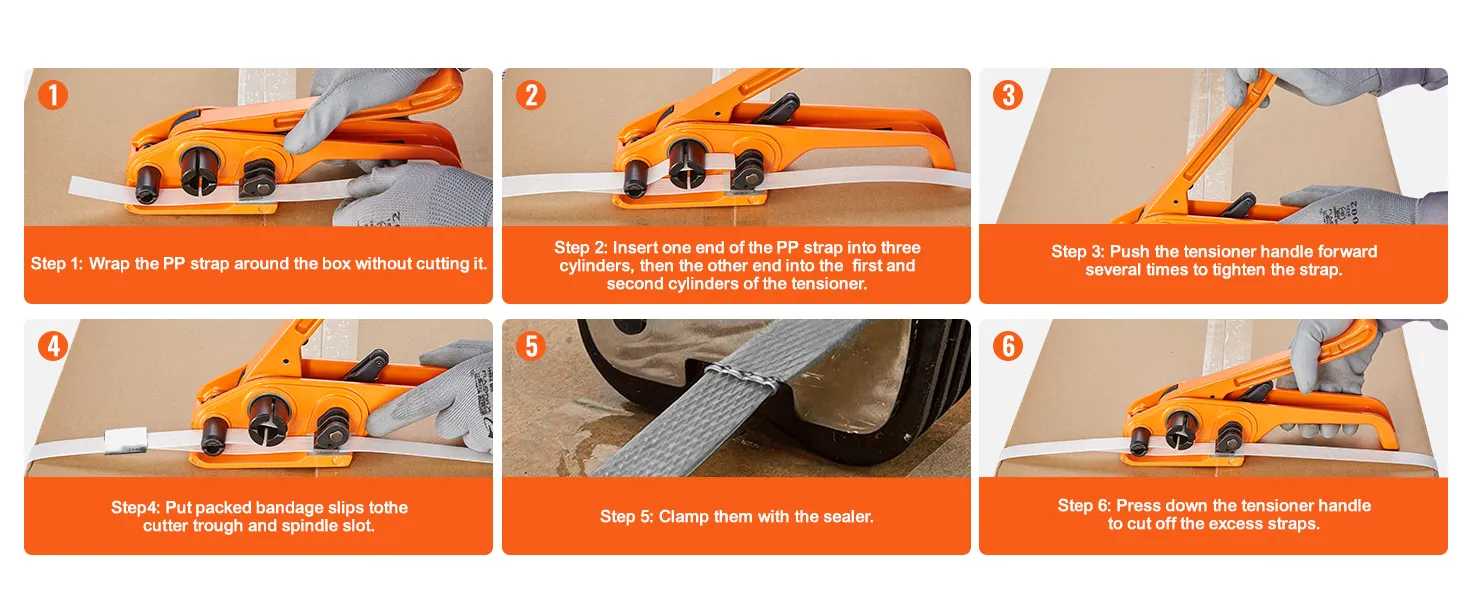 VEVOR banding strapping kit use instructions for tightening and sealing pp straps around a box.