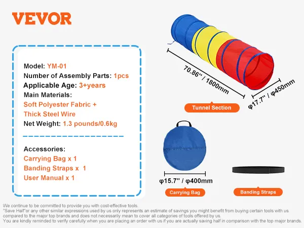 VEVOR kids play tunnel with carrying bag, banding straps, and user manual for ages 3+.