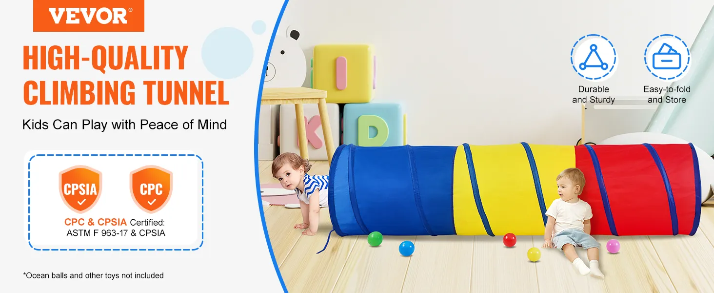 VEVOR kids play tunnel - high-quality climbing tunnel, durable, easy-to-fold, astm-certified for safety.