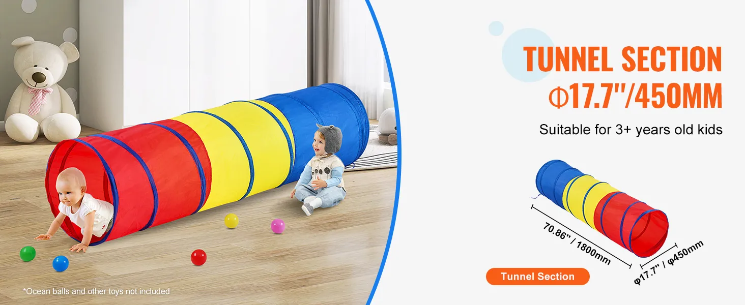 VEVOR kids play tunnel in vibrant red, yellow, blue colors, suitable for children 3+.