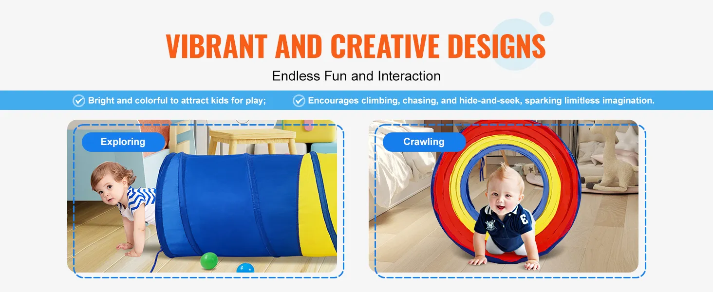 vibrant VEVOR kids play tunnel; encourages exploring and crawling; colorful design sparks imagination.
