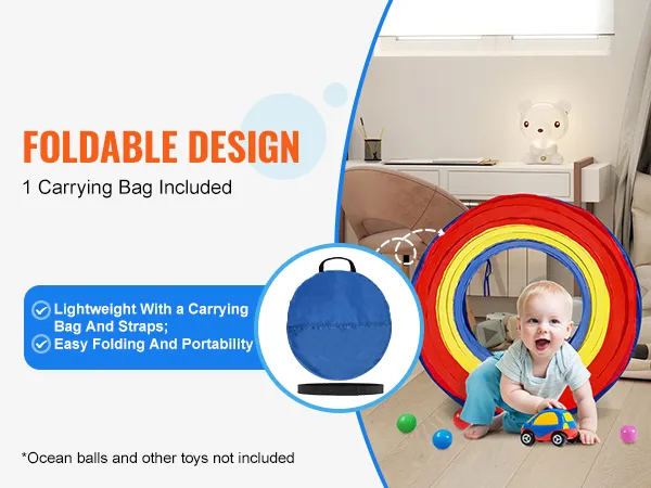 VEVOR kids play tunnel with foldable design, colorful rings, and included carrying bag.