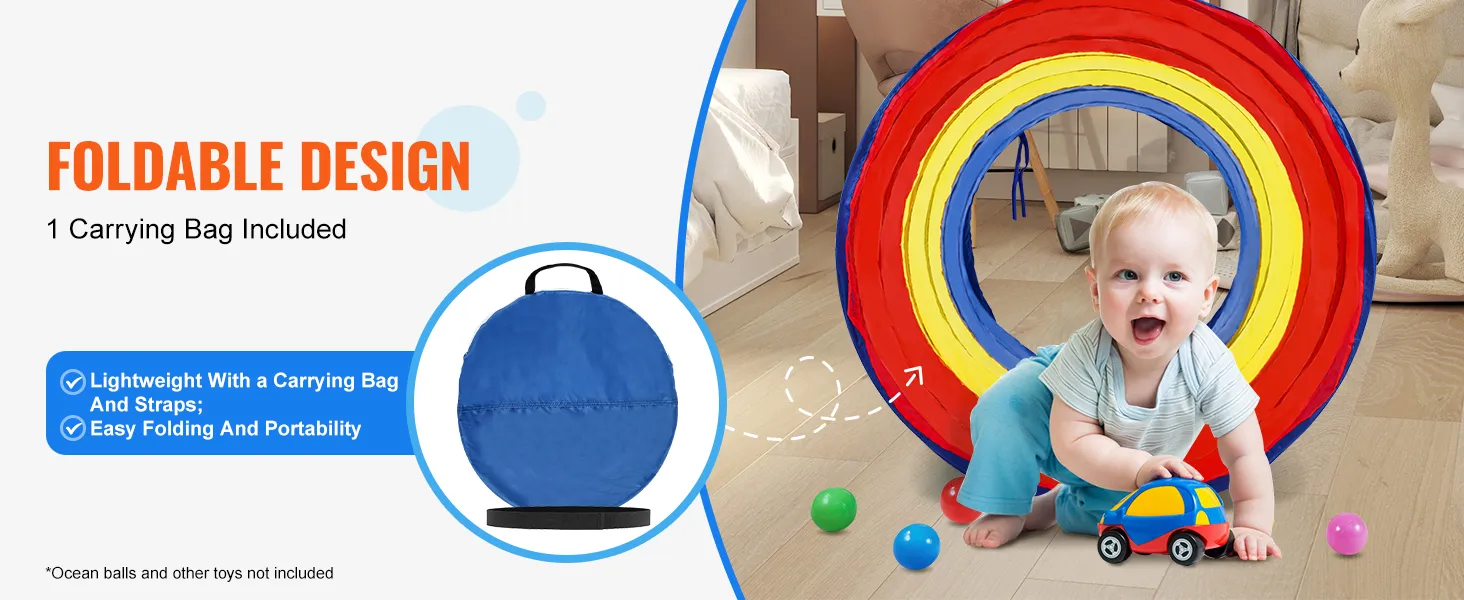 VEVOR kids play tunnel with foldable design, colorful rings, and included carrying bag.