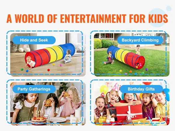 VEVOR kids play tunnel for hide and seek, backyard climbing, party gatherings, and birthday gifts.