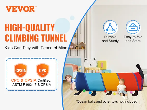 VEVOR kids play tunnel in vibrant colors with cpsia certification for durable and sturdy playtime.