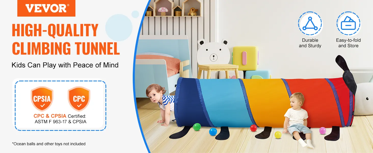 VEVOR kids play tunnel in vibrant colors with cpsia certification for durable and sturdy playtime.