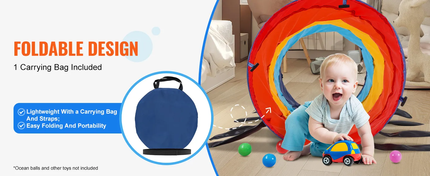VEVOR kids play tunnel with foldable design, carrying bag, colorful tunnel, and child playing.