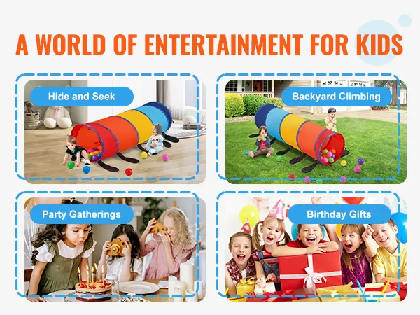 VEVOR kids play tunnel for hide and seek, backyard climbing, party gatherings, and birthday gifts.