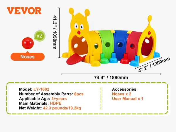 colorful VEVOR caterpillar tunnel for kids, model ly-1602. bright segments, and playful design.