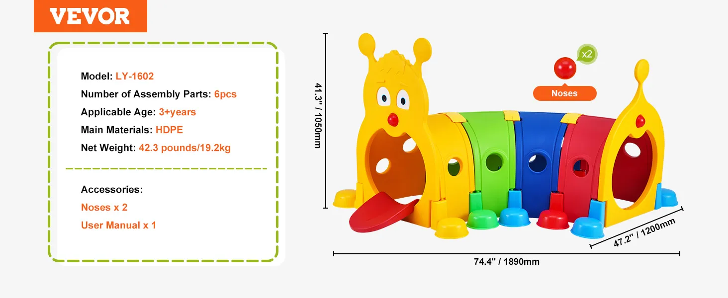 colorful VEVOR caterpillar tunnel for kids, model ly-1602. bright segments, and playful design.