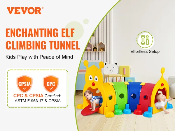 VEVOR caterpillar tunnel in a colorful room with children playing, promoting safety certifications and easy setup.