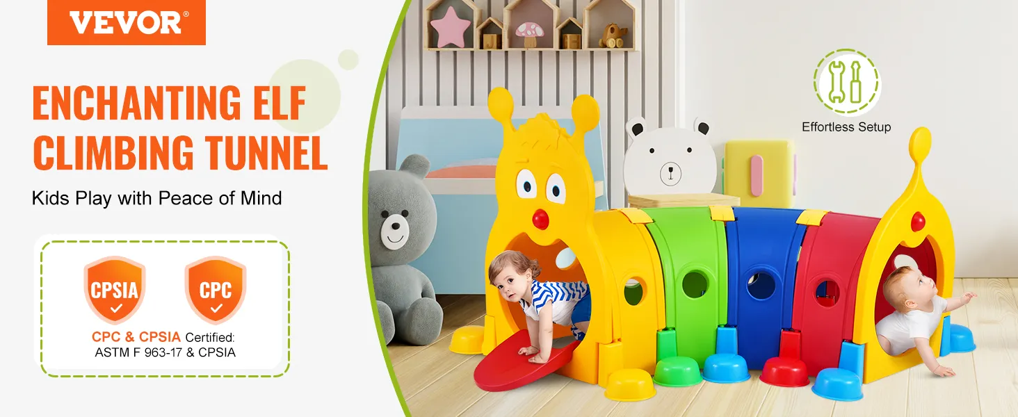 VEVOR caterpillar tunnel in a colorful room with children playing, promoting safety certifications and easy setup.