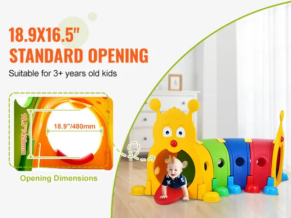 VEVOR caterpillar tunnel, colorful play structure with 18.9x16.5" opening, for kids 3+ years old.
