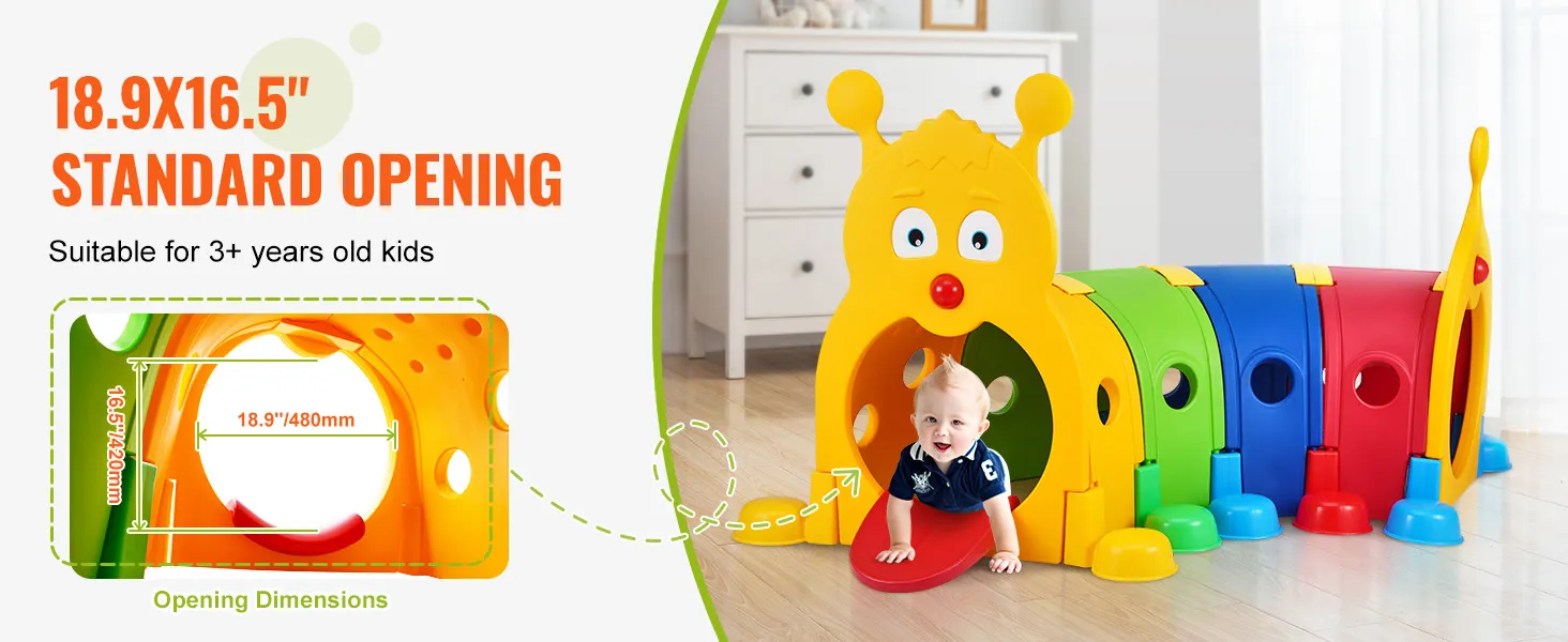 VEVOR caterpillar tunnel, colorful play structure with 18.9x16.5" opening, for kids 3+ years old.