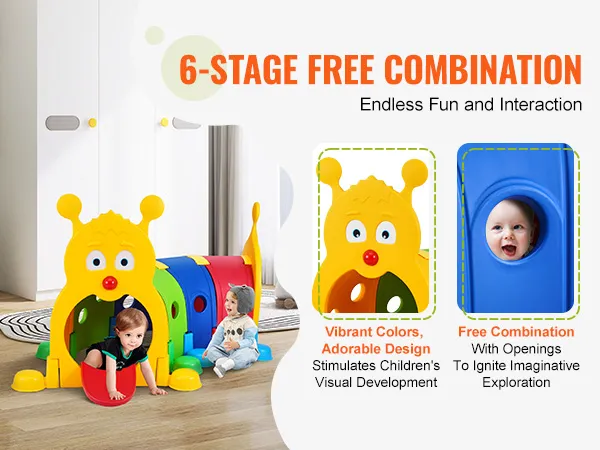 children playing in a colorful VEVOR caterpillar tunnel showcasing vibrant design and imaginative play.