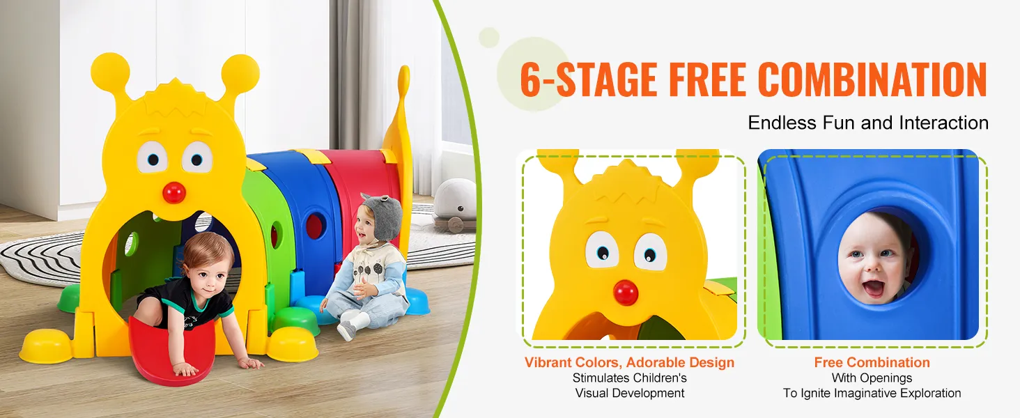 children playing in a colorful VEVOR caterpillar tunnel showcasing vibrant design and imaginative play.