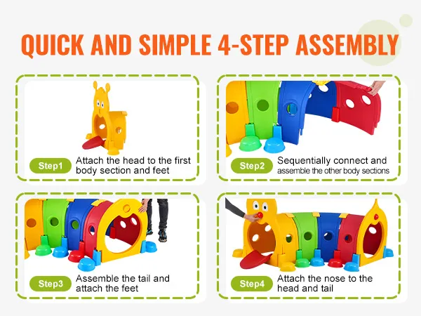 quick and simple 4-step assembly for VEVOR caterpillar tunnel with colorful body sections and head.