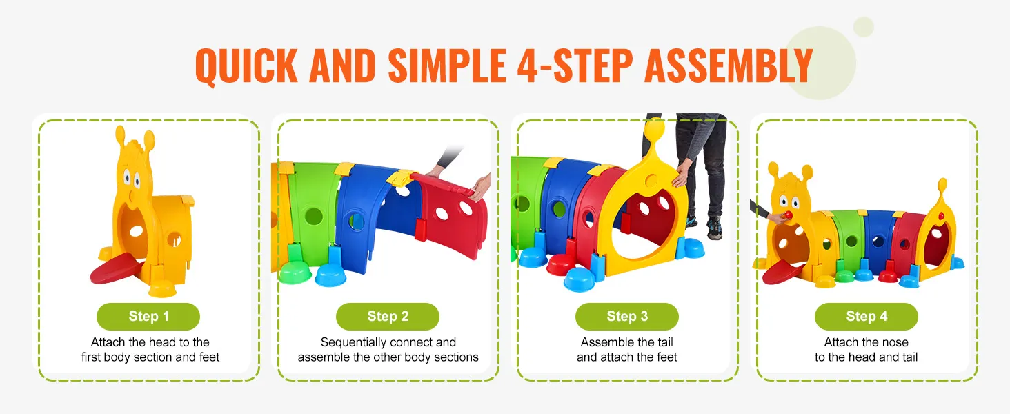 quick and simple 4-step assembly for VEVOR caterpillar tunnel with colorful body sections and head.