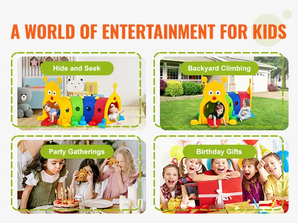 kids enjoying VEVOR caterpillar tunnel for hide and seek, backyard climbing, parties, and birthdays.