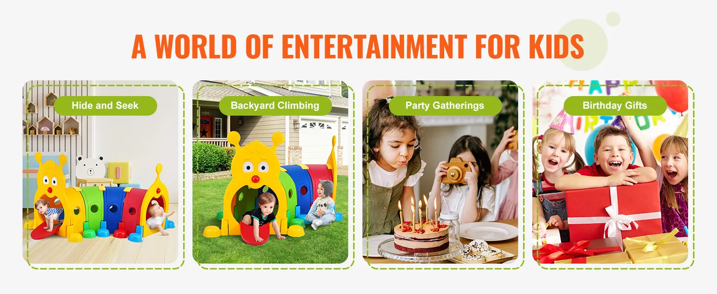 kids enjoying VEVOR caterpillar tunnel for hide and seek, backyard climbing, parties, and birthdays.