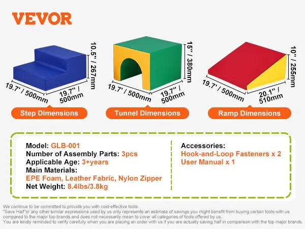Klocki wspinaczkowe z pianki VEVOR ze stopniem, tunelem i rampą. Wymiary i szczegóły. Odpowiednie dla dzieci w wieku od 3 lat.