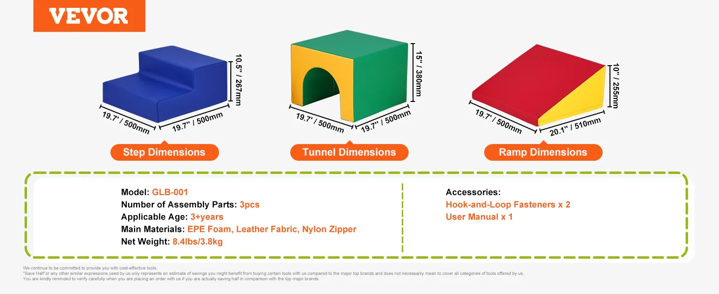 Klocki wspinaczkowe z pianki VEVOR ze stopniem, tunelem i rampą. Wymiary i szczegóły. Odpowiednie dla dzieci w wieku od 3 lat.