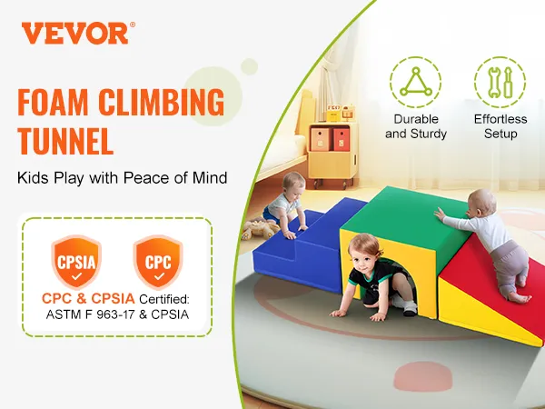 Piankowe klocki wspinaczkowe VEVOR dla dzieci, kolorowy zestaw do zabawy z tunelem, certyfikaty ASTM i CPSA.