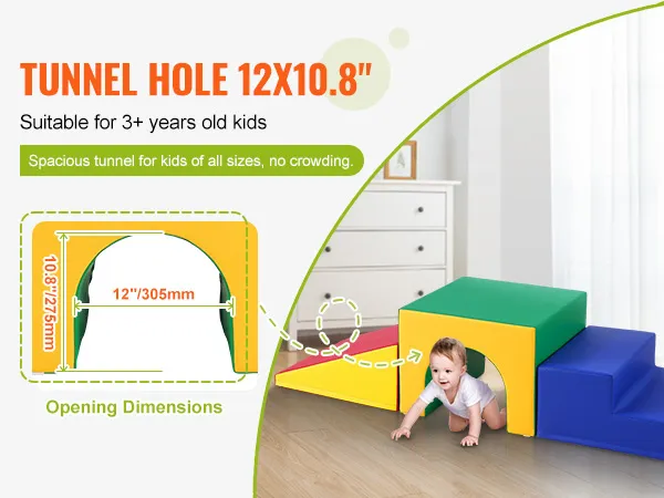 Piankowe klocki wspinaczkowe VEVOR dla dzieci w wieku 3+, tunel o wymiarach 12" x 10,8", kolorowy i przestronny zestaw do zabawy, brak tłoku.