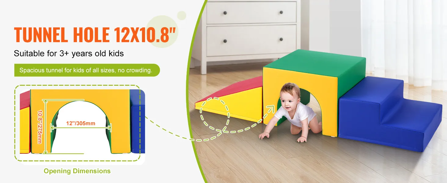Piankowe klocki wspinaczkowe VEVOR dla dzieci w wieku 3+, tunel o wymiarach 12" x 10,8", kolorowy i przestronny zestaw do zabawy, brak tłoku.