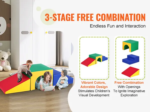 dzieci bawiące się piankowymi klockami wspinaczkowymi VEVOR, prezentującymi żywe kolory i wiele kombinacji.