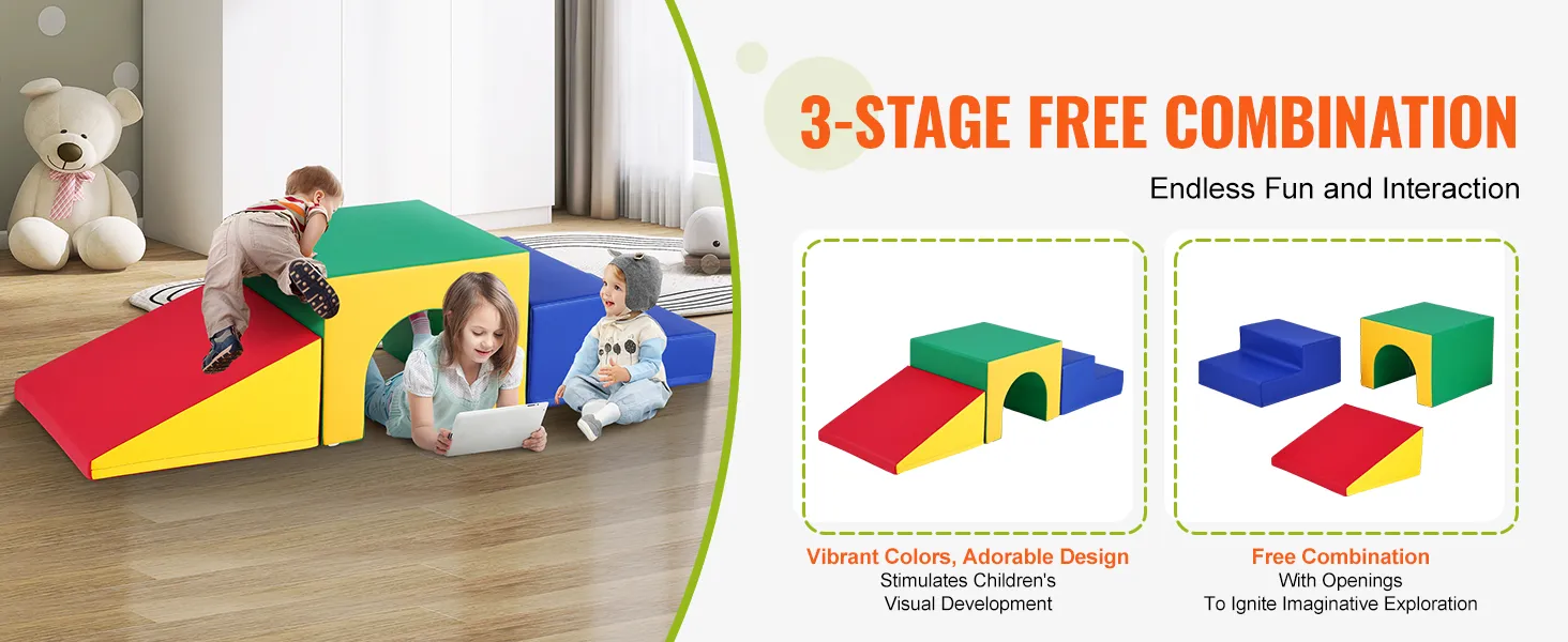 dzieci bawiące się piankowymi klockami wspinaczkowymi VEVOR, prezentującymi żywe kolory i wiele kombinacji.