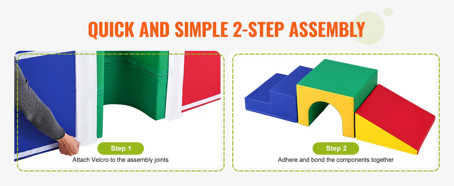 Szybki i prosty dwuetapowy montaż klocków wspinaczkowych VEVOR z pianki z kolorowymi elementami.