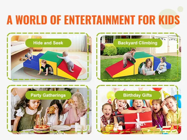 dzieci bawią się piankowymi klockami wspinaczkowymi VEVOR, które świetnie nadają się do zabawy w chowanego, wspinaczki na podwórku, na imprezy i jako prezenty urodzinowe.