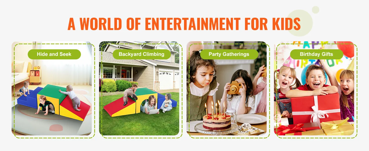 dzieci bawią się piankowymi klockami wspinaczkowymi VEVOR, które świetnie nadają się do zabawy w chowanego, wspinaczki na podwórku, na imprezy i jako prezenty urodzinowe.